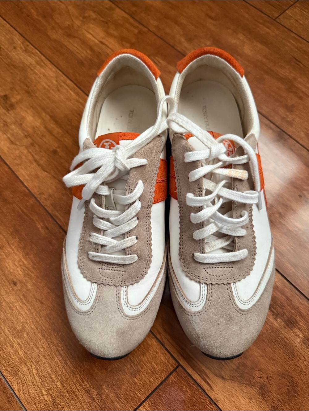Woman’s Tory Burch Classic Casual Sneakers in White, Beige & Orange